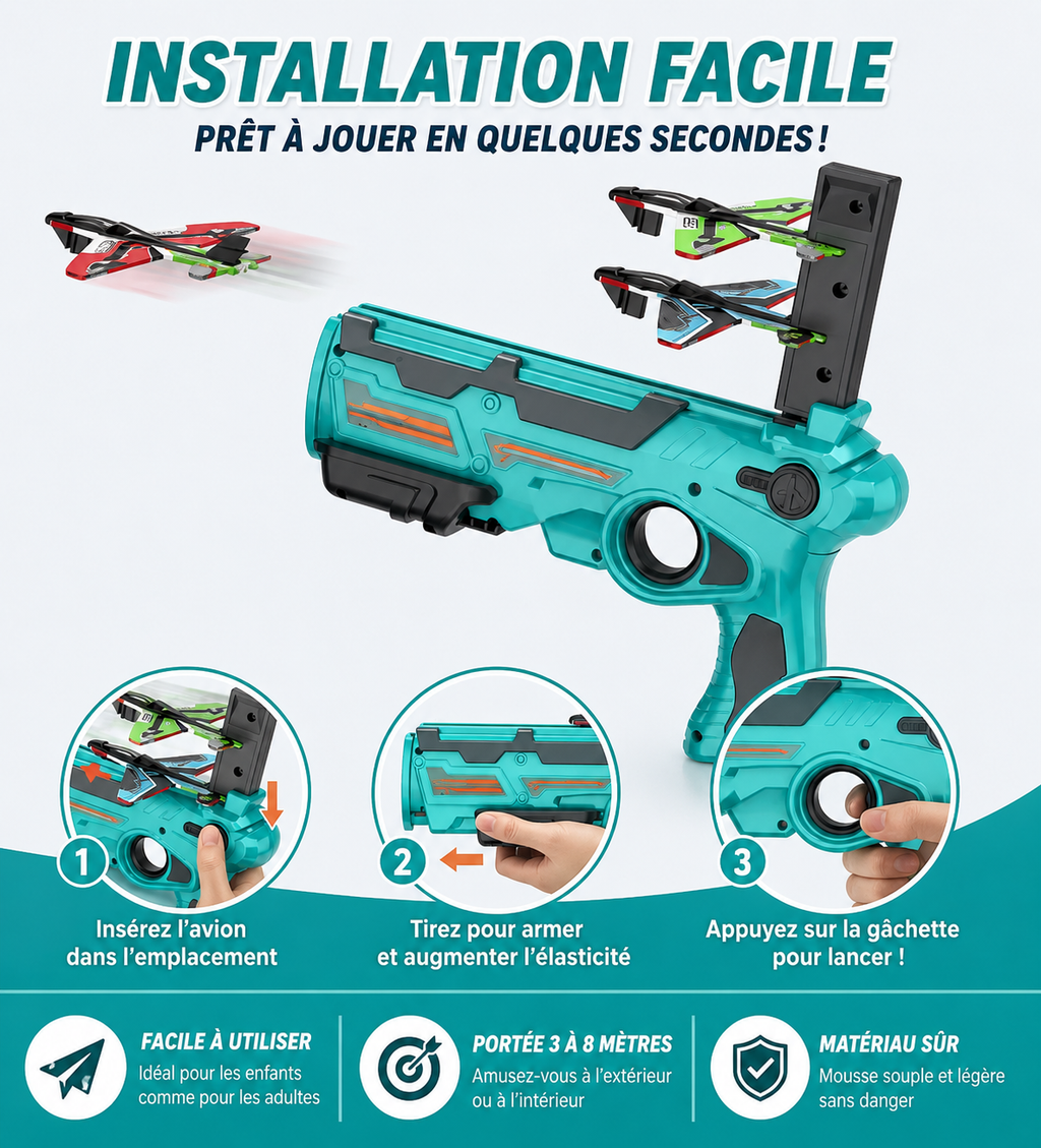 Pistolet Catapulte à Avions en Mousse – Lanceur avec 3 Avions | Jouet de Plein Air pour Enfants