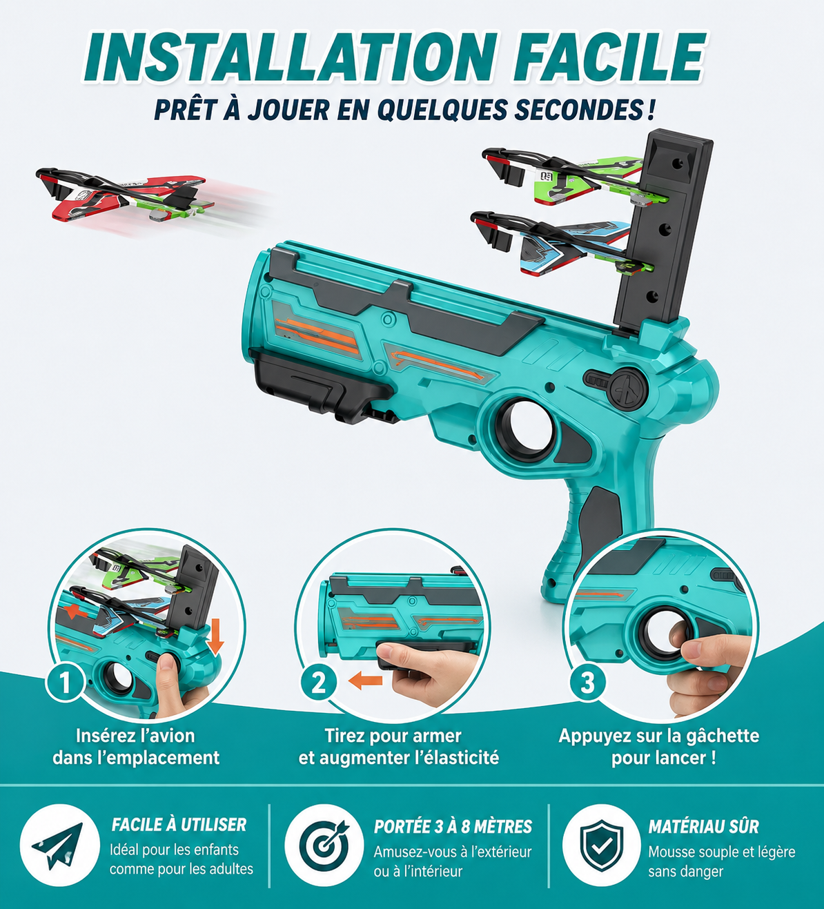 Pistolet Catapulte à Avions en Mousse – Lanceur avec 3 Avions | Jouet de Plein Air pour Enfants