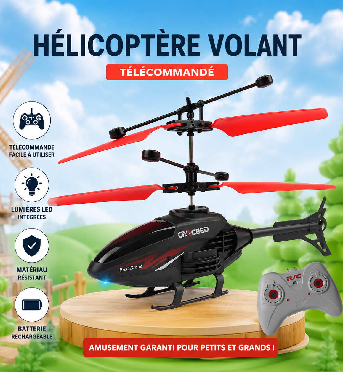 Hélicoptère Télécommandé avec LED – Rechargeable & Vol Stable