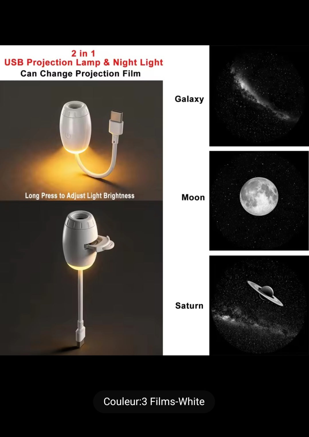 Projecteur Ciel Étoilé USB 3 en 1 – Galaxie, Lune & Saturne ✨