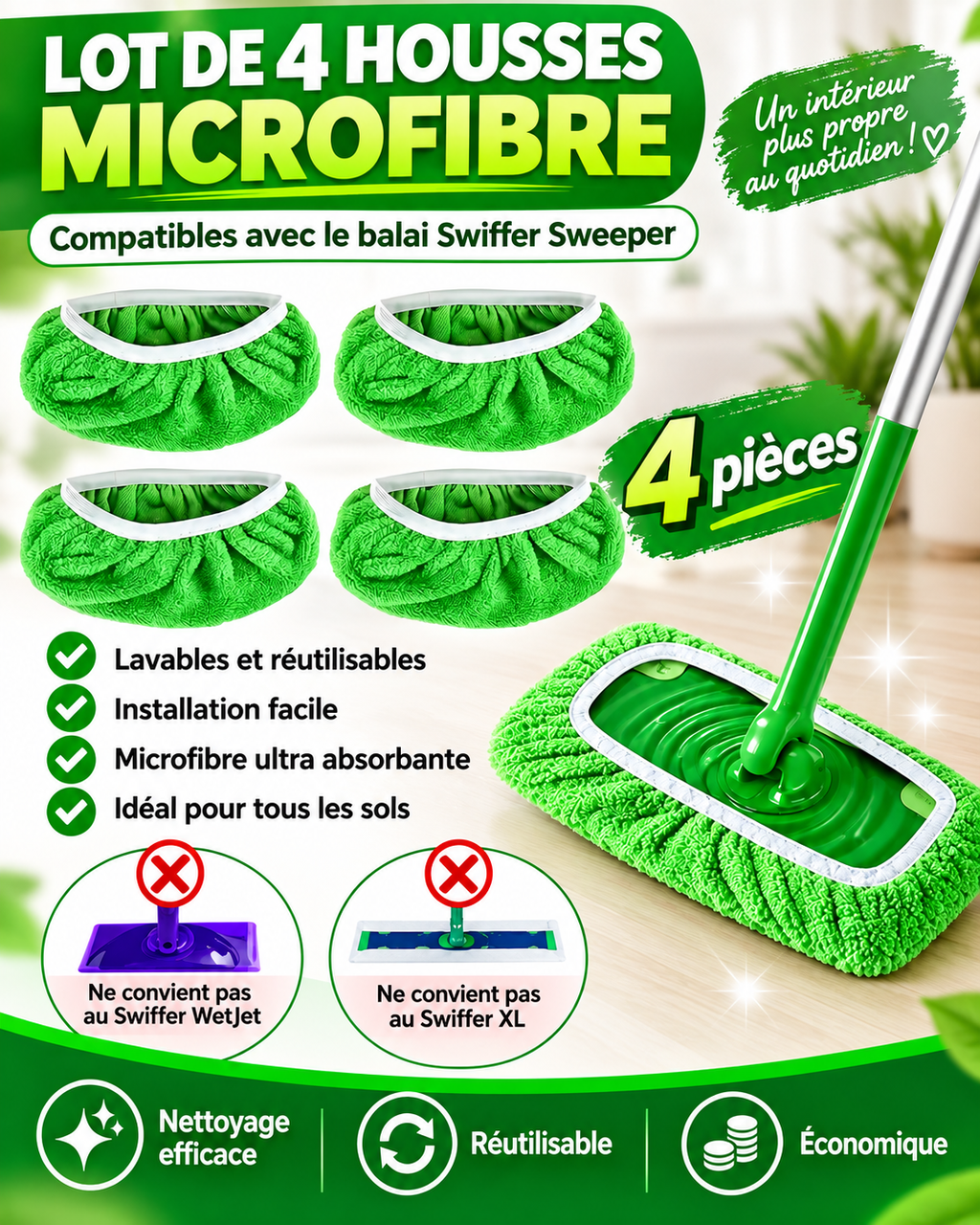 🧹💚 Lot de 4 housses microfibre lavables et réutilisables
