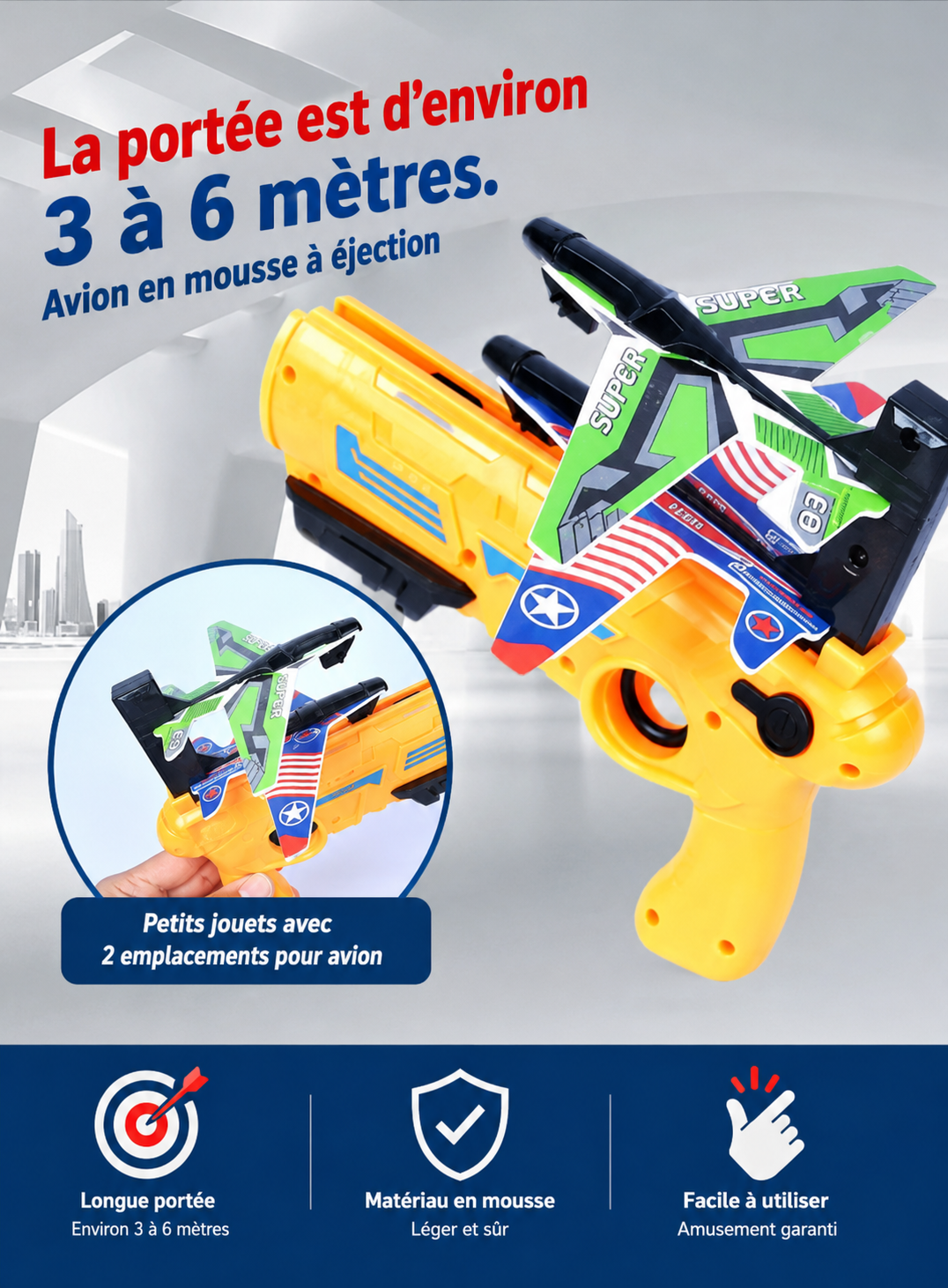 Pistolet Catapulte à Avions en Mousse – Lanceur avec 3 Avions | Jouet de Plein Air pour Enfants