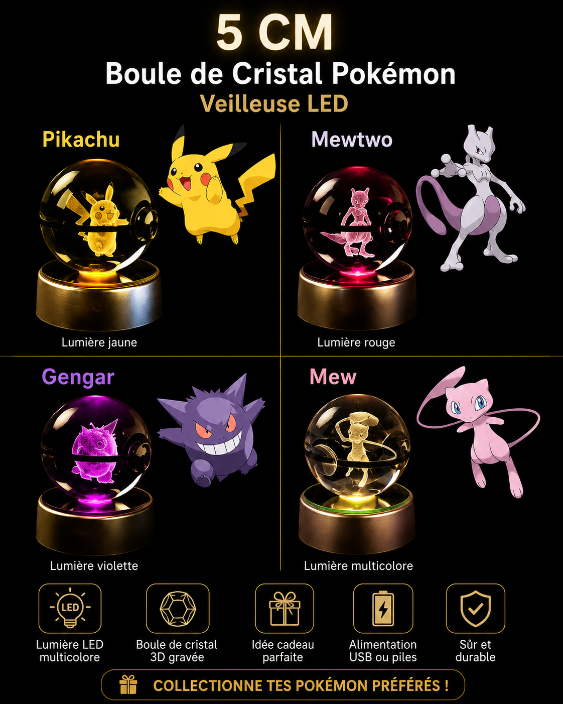 Lampe LED Pokémon 3D – Boule de Cristal Lumineuse Pikachu | Veilleuse & Cadeau Original