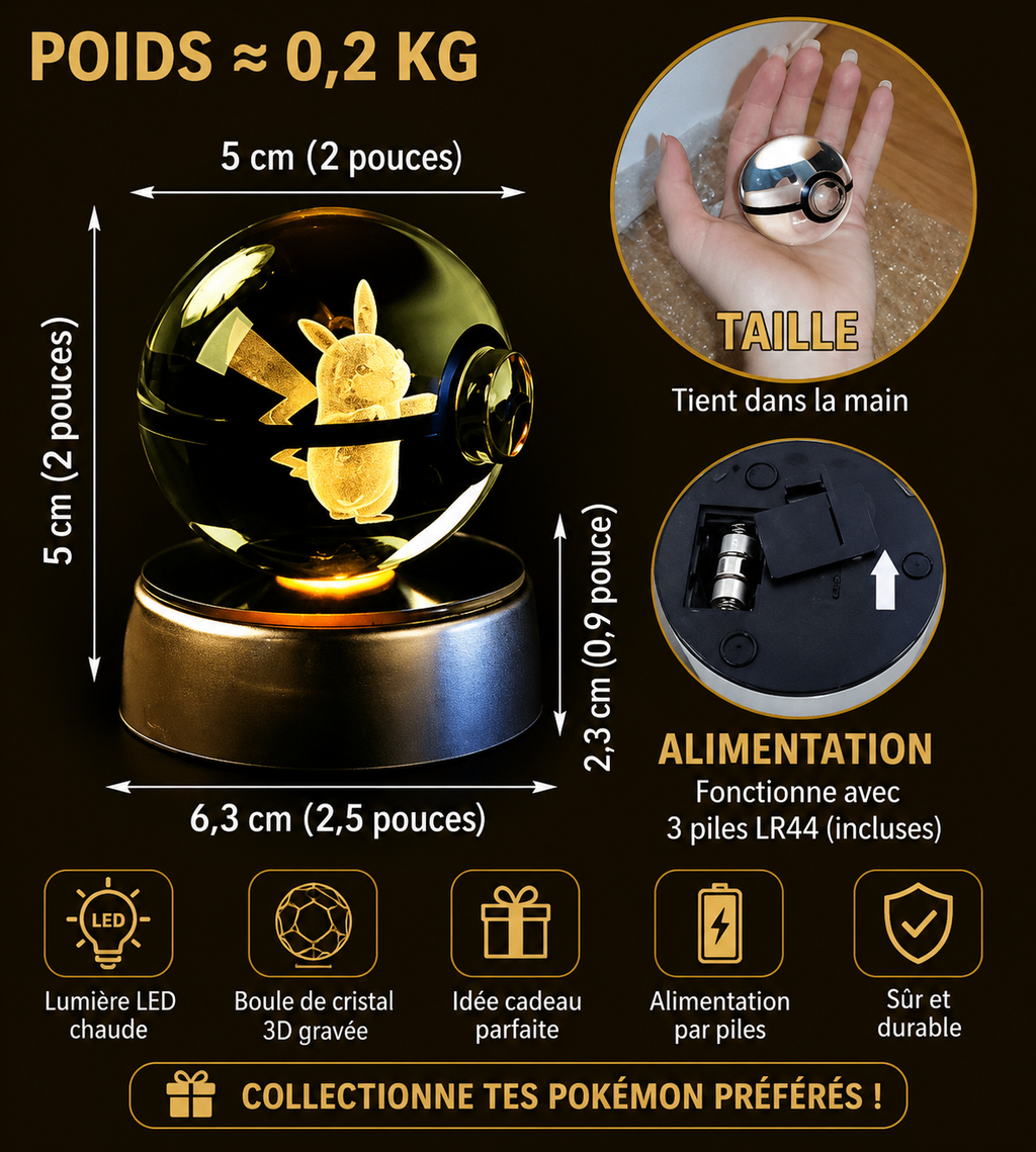 Lampe LED Pokémon 3D – Boule de Cristal Lumineuse Pikachu | Veilleuse & Cadeau Original