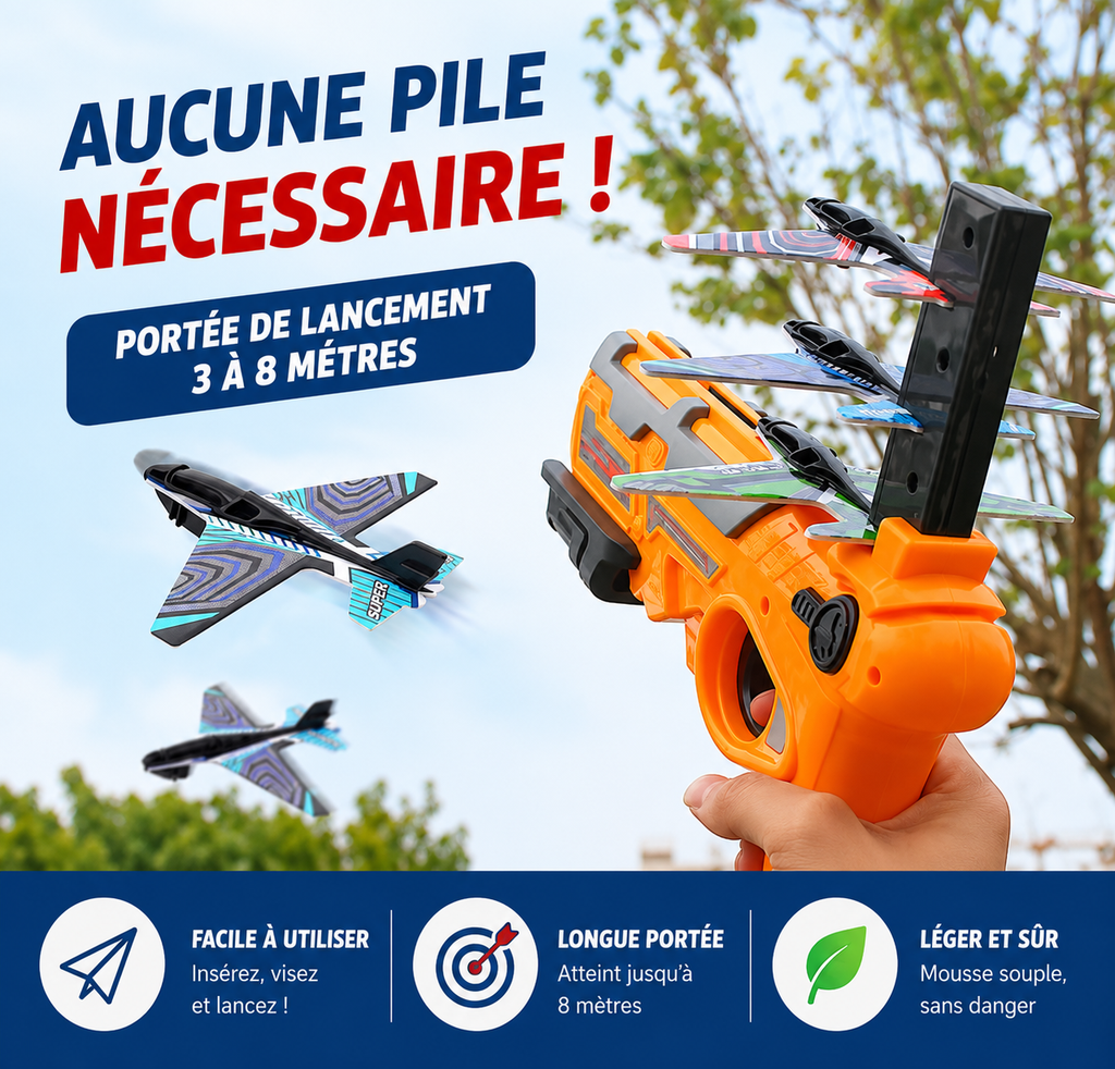 Pistolet Catapulte à Avions en Mousse – Lanceur avec 3 Avions | Jouet de Plein Air pour Enfants