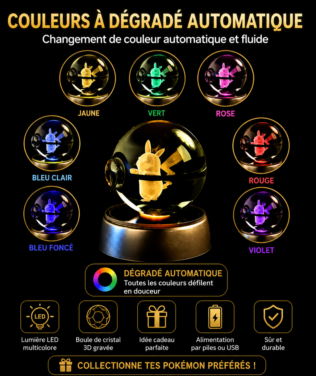Lampe LED Pokémon 3D – Boule de Cristal Lumineuse Pikachu | Veilleuse & Cadeau Original