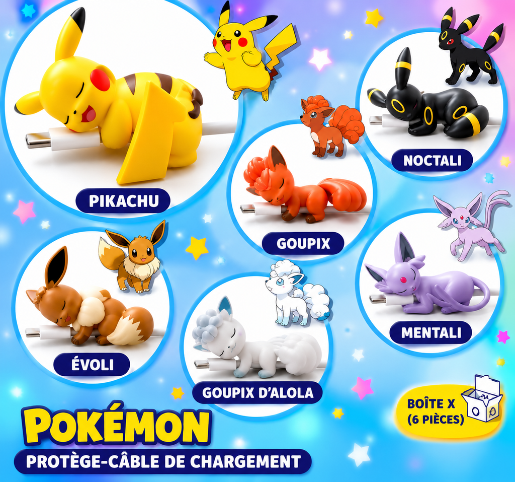 Protège-câble Pokémon – Lot de 6 Figurines Adorables pour Chargeur USB