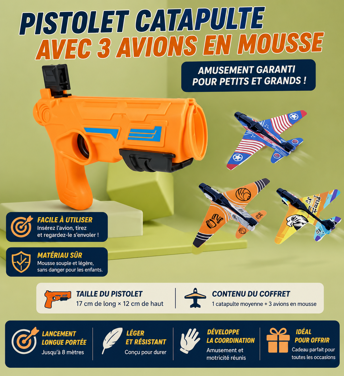 Pistolet Catapulte à Avions en Mousse – Lanceur avec 3 Avions | Jouet de Plein Air pour Enfants