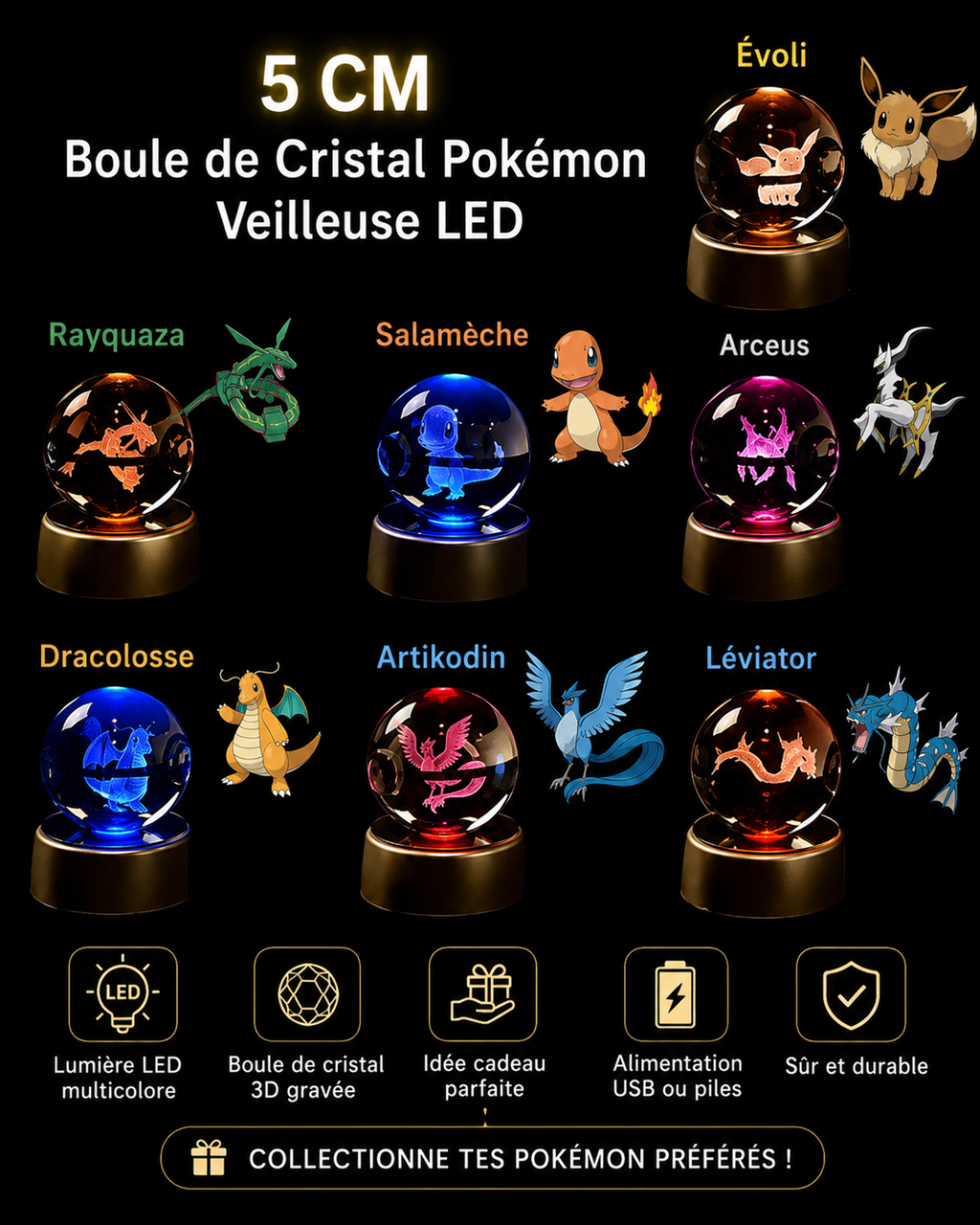 Lampe LED Pokémon 3D – Boule de Cristal Lumineuse Pikachu | Veilleuse & Cadeau Original
