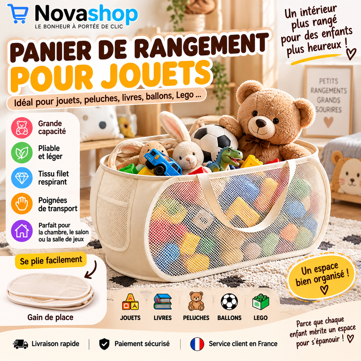 Grand Panier de Rangement Pliable pour Jouets avec Poignées